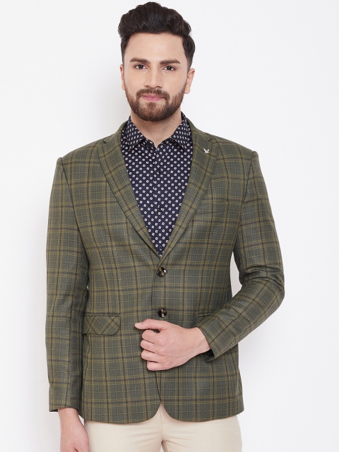 

Canary London Men Olive & Yellow Checked Single-Breasted Slim-Fit Blazer