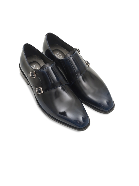

Rosso Brunello Men Teal Blue Solid Leather Formal Monk Straps