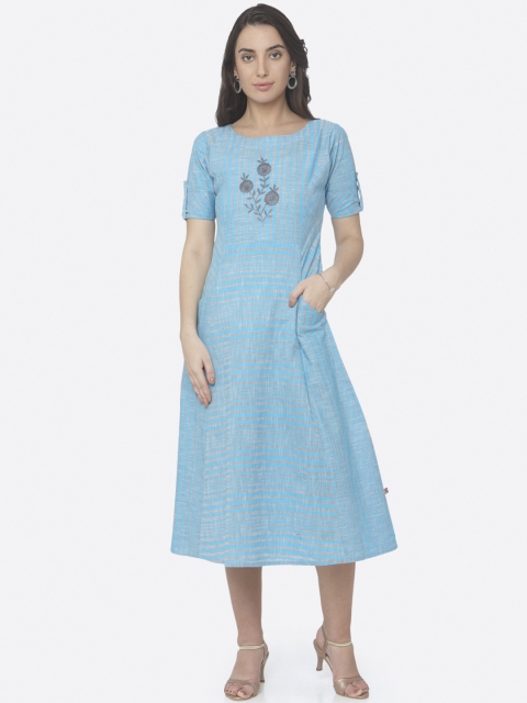 

RAISIN Women Blue & Grey Embroidered Handloom Fit and Flare Ethnic Dress