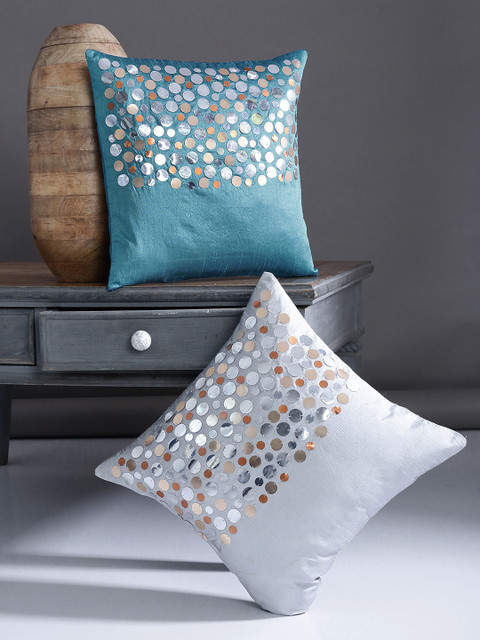 

Alina decor Grey & Teal Blue Set of 2 Embellished Square Cushion Covers