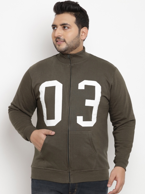 

John Pride Plus Size Men Olive Brown White Printed Front-Open Sweatshirt