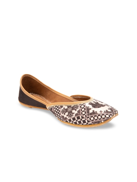 

Jivaana Women Taupe & White Printed Leather Mojaris
