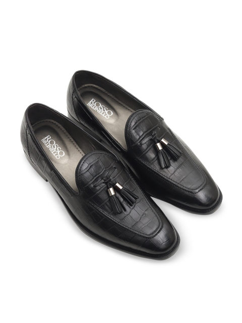 

Rosso Brunello Men Black Textured Leather Formal Tasseled Loafers