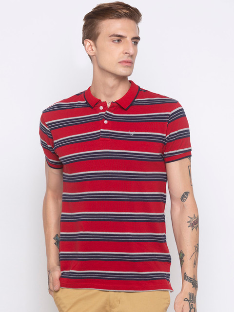 

Globus Men Red & Black Striped Slim Fit Polo Collar T-shirt
