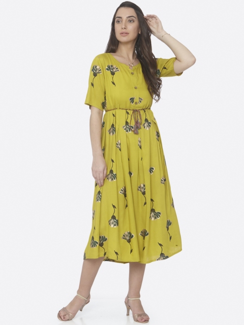 

RAISIN Women Lime Green Printed A-Line Ethnic Dress