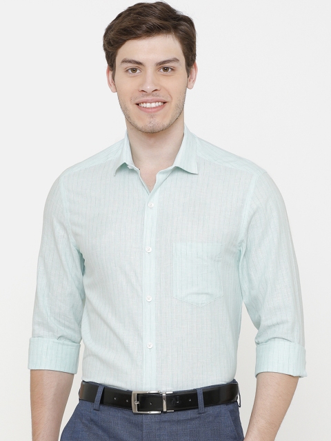 

CAVALLO by Linen Club Men Cotton Linen Green Regular Fit Striped Formal Shirt
