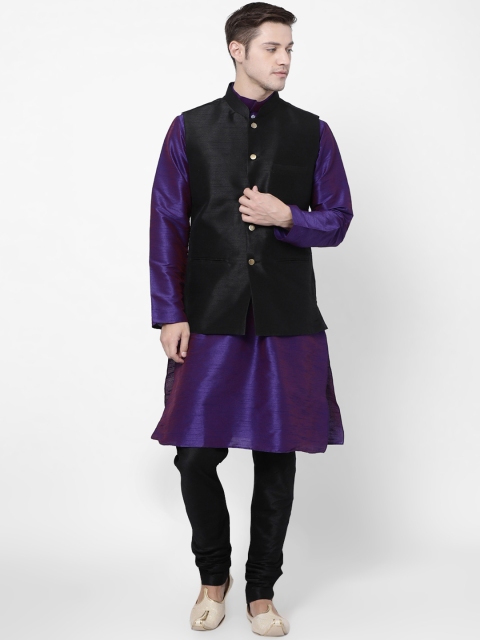 

TABARD Men Black & Purple Solid Kurta with Churidar