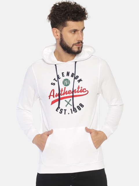 

Steenbok Men White & Navy Blue Embroidered Hooded Pullover Sweatshirt