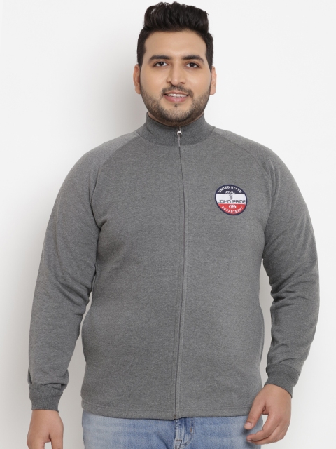 

John Pride Plus Size Men Grey Printed Front-Open Sweatshirt