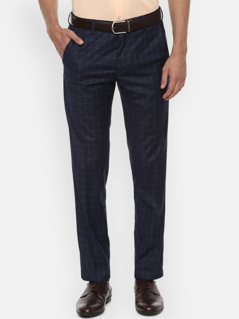 

Van Heusen Men Navy Blue Slim Fit Checked Formal Trousers