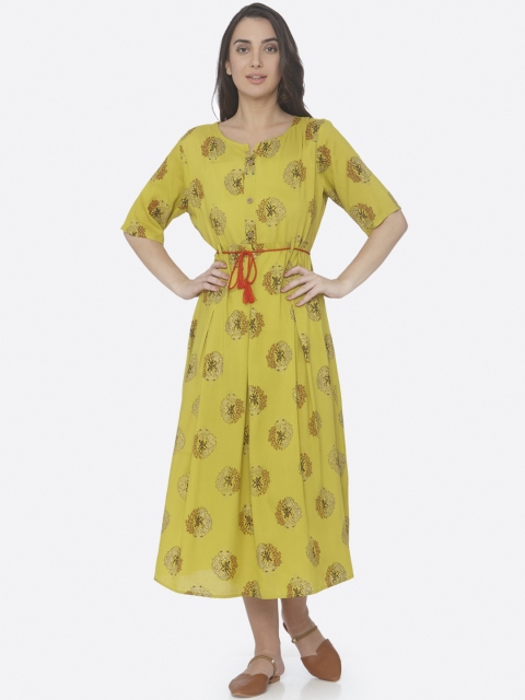 

RAISIN Women Lime Green Printed A-Line Ethnic Dress