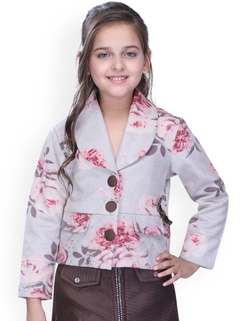 

CUTECUMBER Girls Grey & Pink Printed Single-Breasted Suede Partywear Overcoat