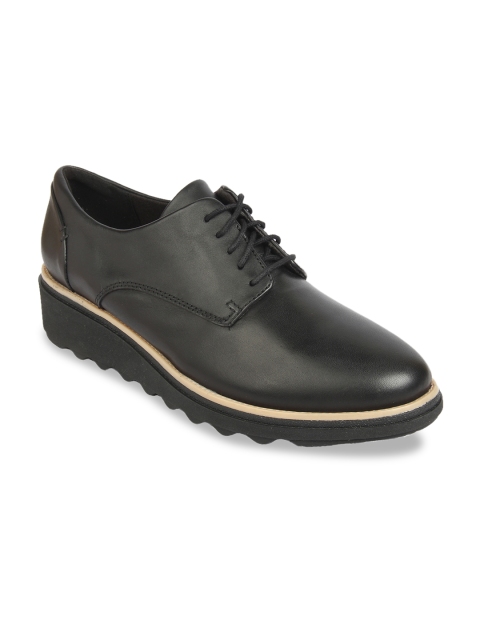 Clarks Women Black & Beige Solid Leather Flatform Derbys