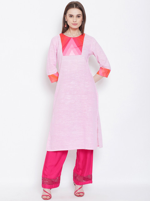 

AASK Women Pink & Red Printed Knee-Length Pure Khadi Cotton Kurta