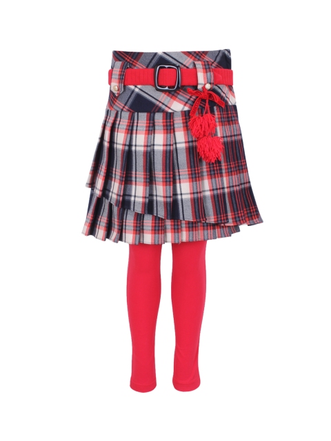 

CUTECUMBER Girls Black & Red Checked Knee-Length Woolen A-Line Wool Skirt With Leggings