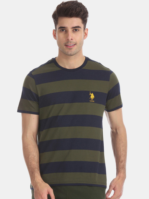 

U.S. Polo Assn. Men Olive Green & Navy Blue Striped Round Neck T-shirt