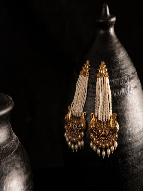 

ANIKAS CREATION White & Gold-Toned Classic Drop Earrings