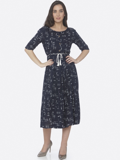 

RAISIN Women Navy Blue Printed A-Line Ethnic Dress