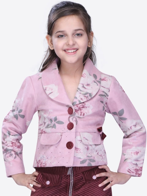 

CUTECUMBER Girls Pink & Maroon Printed Single-Breasted Suede Partywear Overcoat