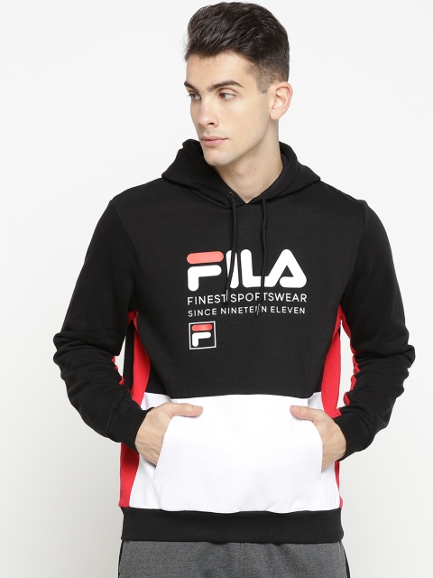FILA Men Black & White Printed Hooded Sweatshirt