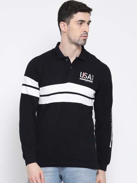 

METTLE Men Navy Blue Striped Polo Collar T-shirt