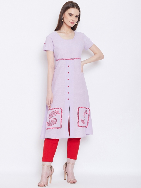 

AASK Women Purple & Red Printed Calf-Length Pure Cotton Khadi Kurta