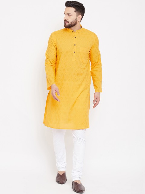 

even Men Yellow Woven Design Straight Kurta