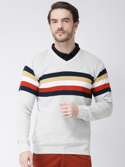 

COBB Men Grey & Off-White Striped Pullover Sweater