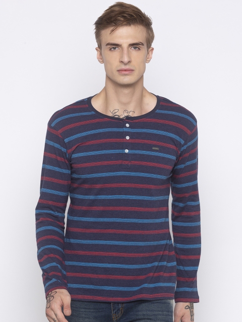

Globus Men Navy Blue & Red Striped Slim Fit Henley Neck T-shirt