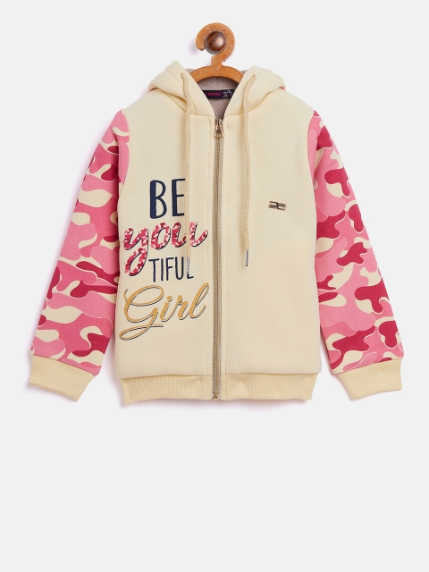 

Nins Moda Girls Beige & Pink Printed Hooded Sweatshirt