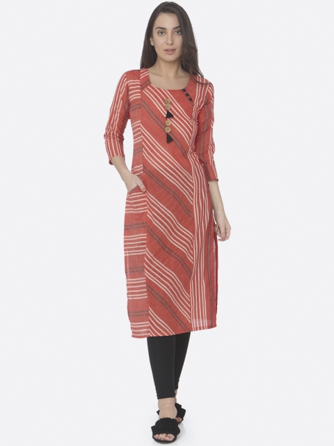 

RAISIN Women Red & Off-White Striped Straight Kurta