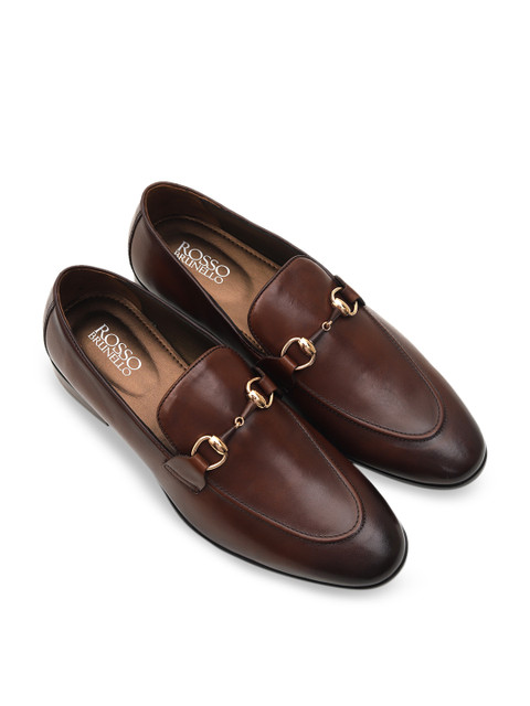 

Rosso Brunello Men Brown Solid Leather Formal Horsebit Loafers