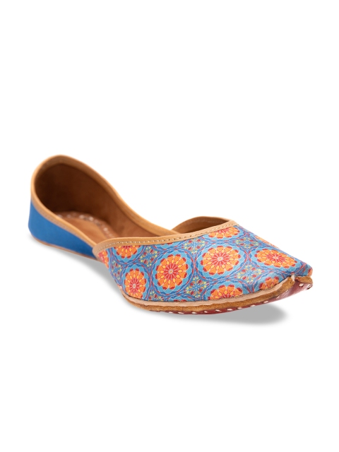 

Jivaana Women Blue Printed Leather Mojaris