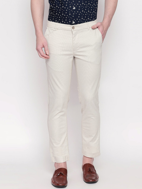 

Basics Men Beige & Grey Tapered Fit Printed Regular Trousers