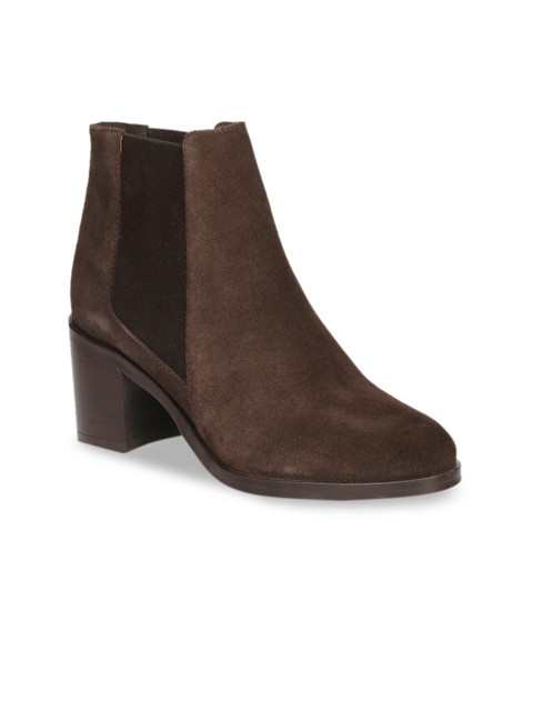 

Saint G Women Brown Solid Leather Heeled Boots