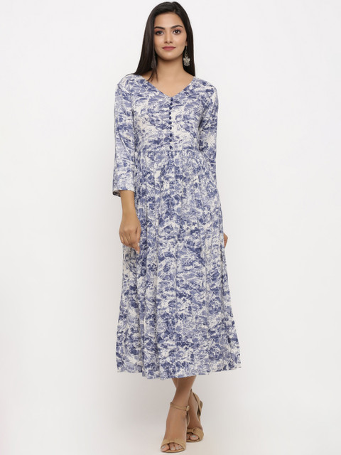 

BUYCLARA Women Blue & White Printed Fit and Flare Dress