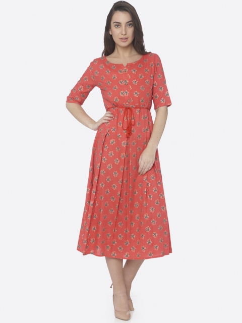 

RAISIN Women Coral Red Printed A-Line Ethnic Dress