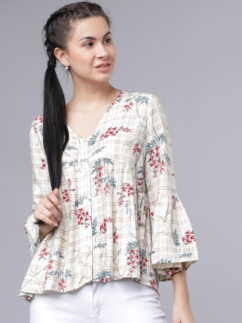

Tokyo Talkies Women Cream-Coloured Checked Floral Print A-line Top