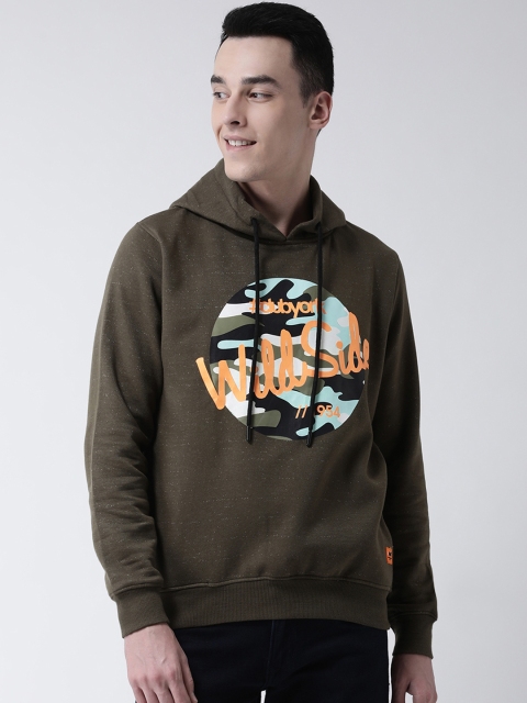 

Club York Men Olive Green Printed Hooded Sweatshirt