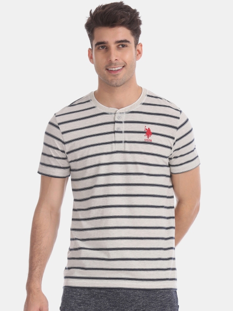 

U.S. Polo Assn. Men Grey Striped Henley Neck T-shirt