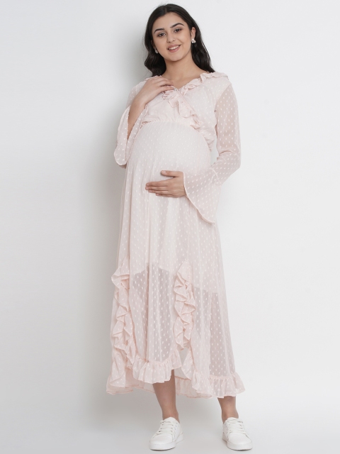 Mine4Nine Women Pink Self Design Maternity Dress