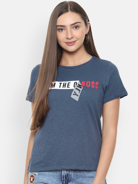 

People Women Blue Printed Round Neck T-shirt