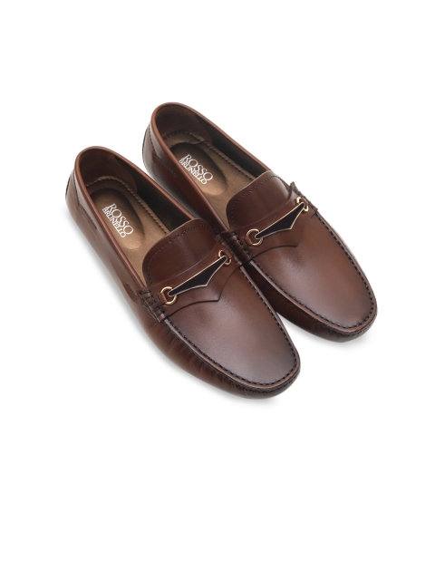 

Rosso Brunello Men Coffee Brown Solid Panelled Leather Loafers