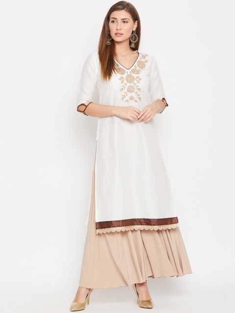 

AASK Women White & Beige Embroidered Calf-Length Pure Cotton Kurta
