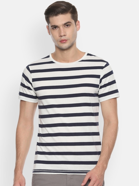 

People Men White Navy Blue Striped Round Neck Pure Cotton T-shirt