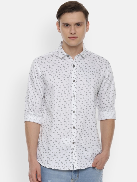 V Dot Men White & Grey Printed Slim Fit Casual Shirt