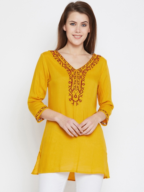 

AASK Women Mustard Yellow & Maroon Embroidered Tunic