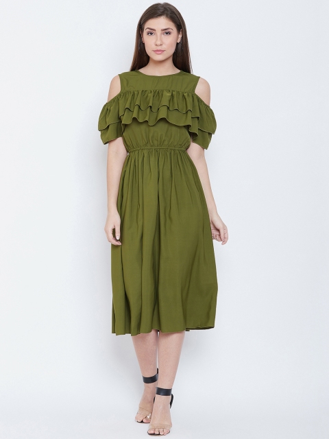 

CHROME & CORAL Women Olive Green Solid A-Line Dress with Ruffle Details