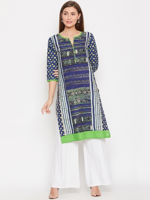

AASK Women Navy Blue & Off-White Printed Knee-Length Pure Cotton Kurta