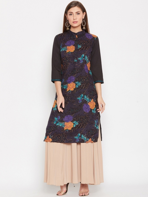 

AASK Women Black & Purple Floral Print Knee-Length Pure Cotton Kurta